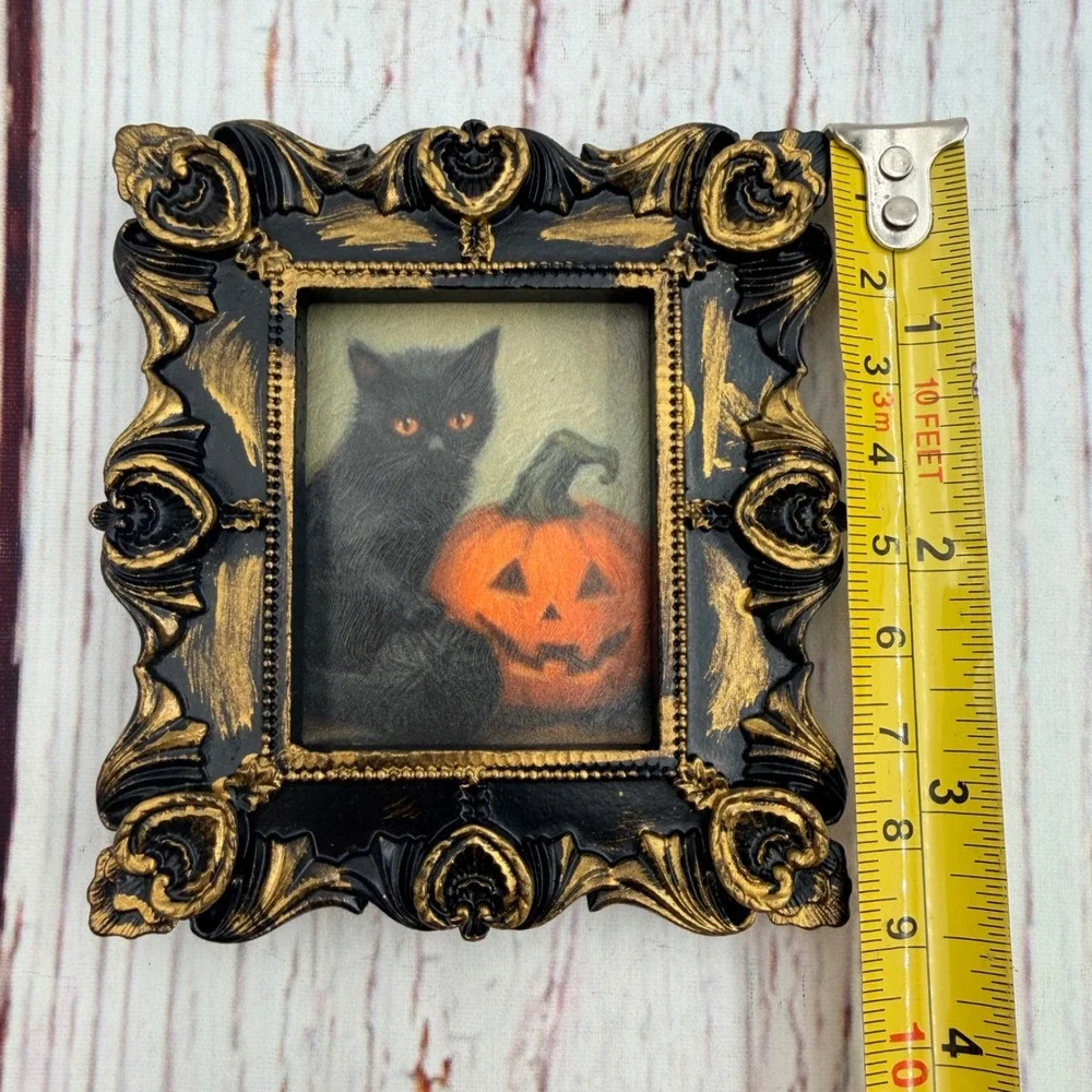 Vintage Black Cat Pumpkin Halloween Decoupage Art Ornate Gold Black Resin Frame